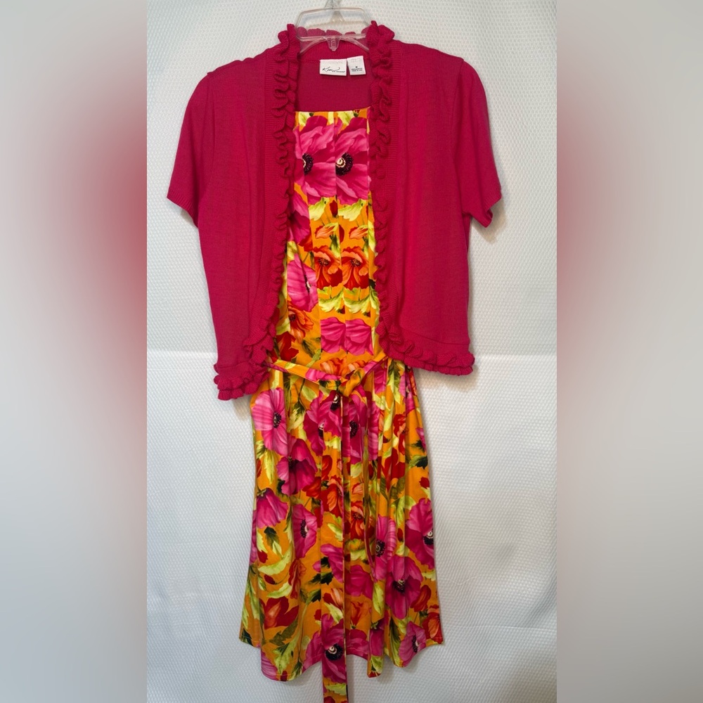 Kim Rogers Pink and Orange Floral Dress With Pink Cardigan